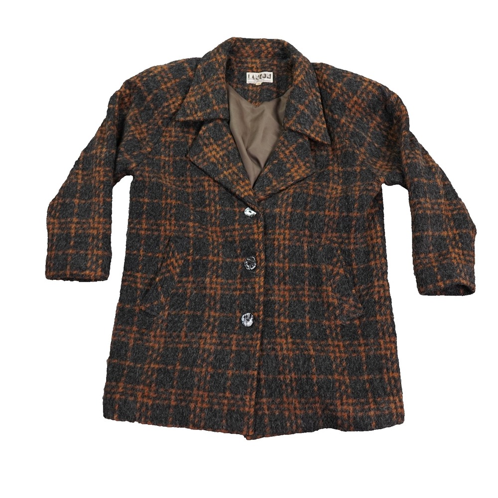 VTG Lancom Françoise Wool Coat Womens 9 Brown Gray Plaid France Mod Houndstooth